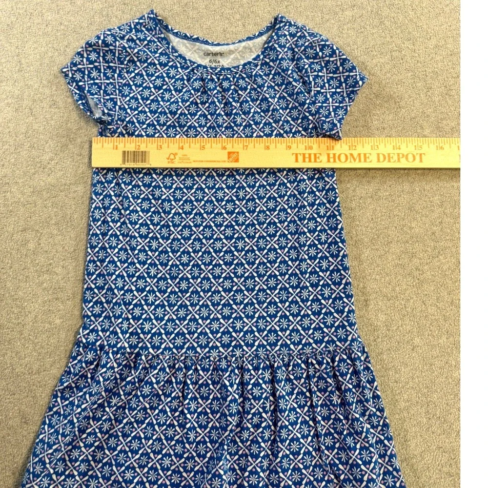 Carters Dress Girls 6/6x Blue White Geometric Floral Drop Waist‎ Short Slv